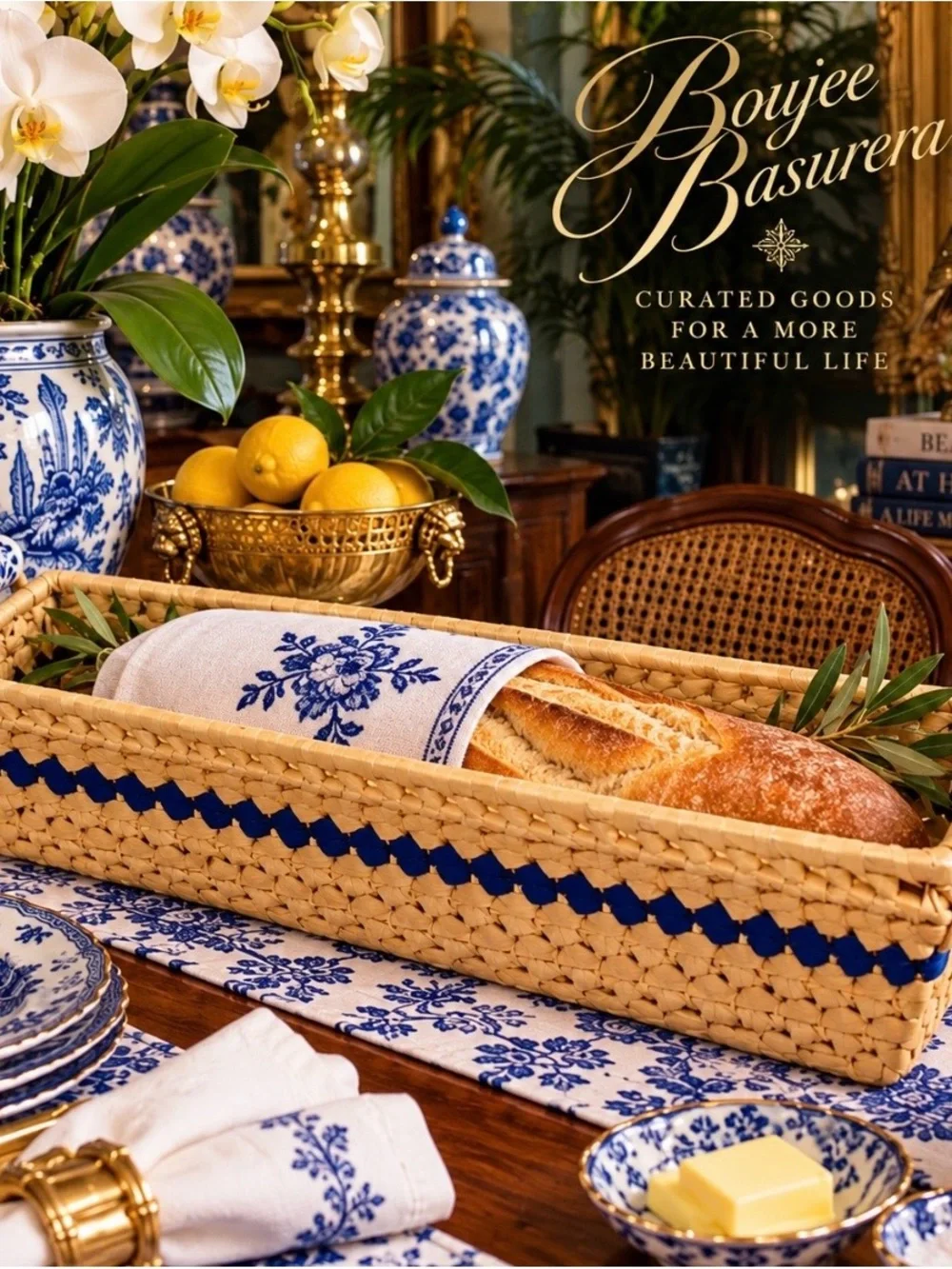 Title Vintage Blue White Chinoiserie Woven Bread Basket Ceramic Handles